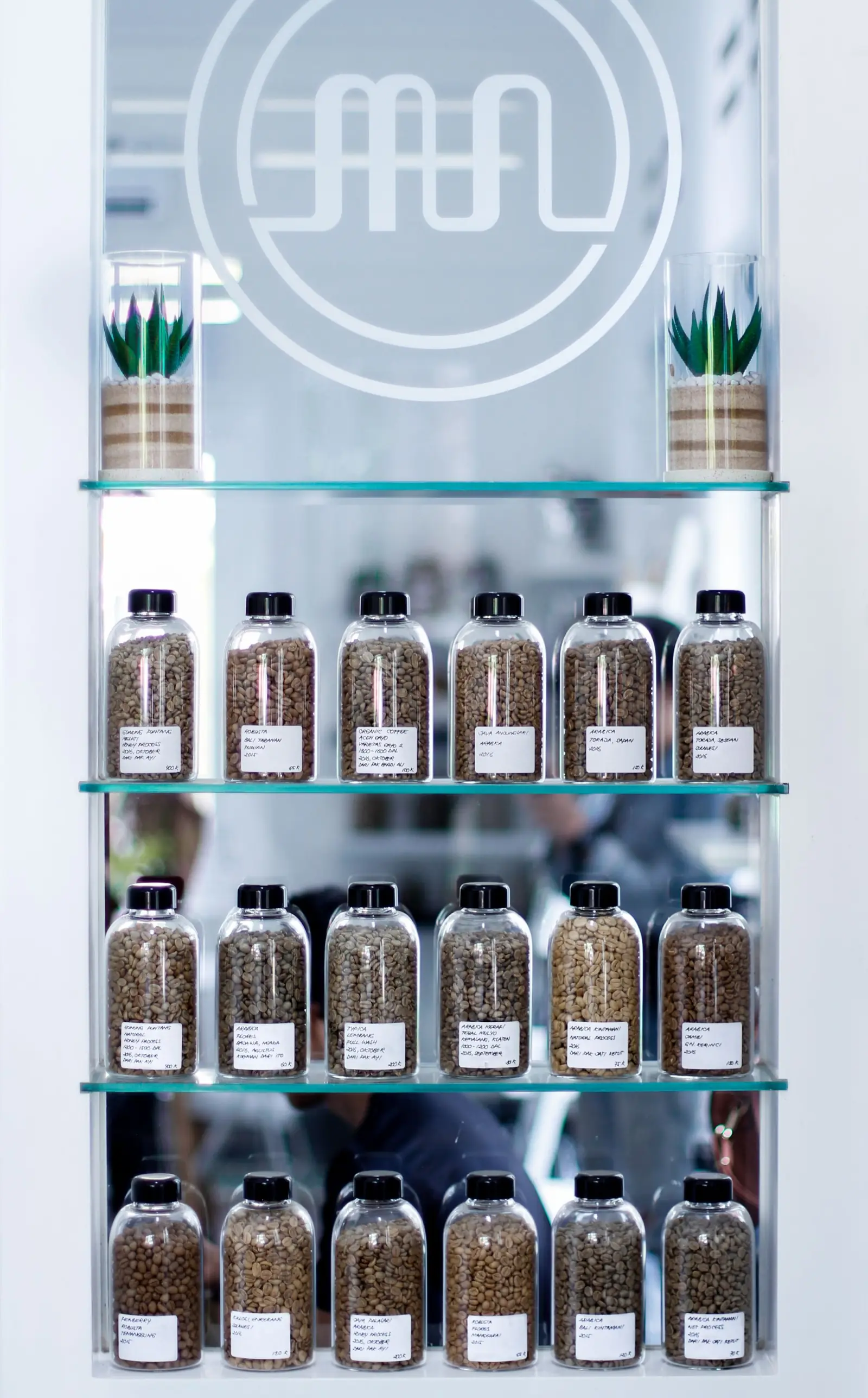 Glass jars of coffee beans on open shelves.